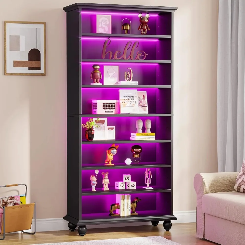 69-Inch Tall Bookcase with LED Lighting, Modern 9-Tier Freestanding Bookshelf with Solid Wood Legs, Wooden Open Display Shelf 4