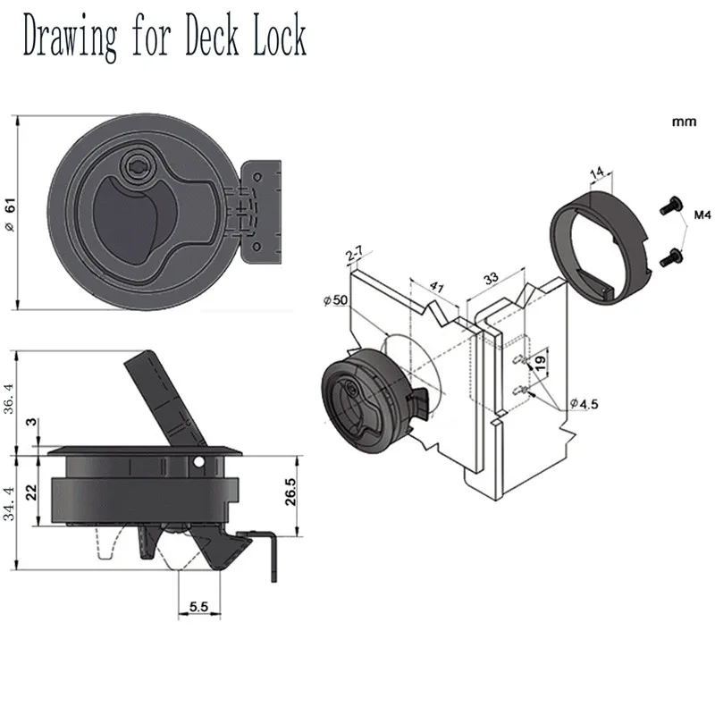 4 Pieces Black 2inch Round Flush Pull Slam Latch Lift Slam Latch Hardware With Lock Key Kit For Boat RV Yacht Accessories images - 6