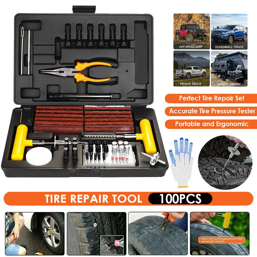 

100PCS Car Tire Repair Tool Kit Studding Set Auto Bike Puncture Plug Garage Needle Nose Pliers Vacuum Film Nail Screws Storage