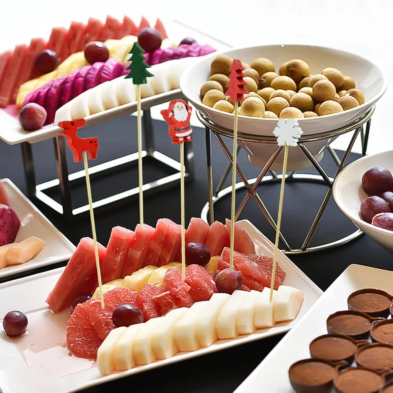 50/100Pcs Einweg Weihnachten Bambus Essen Picks Zahnstocher Santa Elch Dessert Buffet Obst Salat Sticks Weihnachten Party Decor – Detail 8