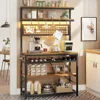 Itaar Bakers Rack with Power Outlet, 6-Tier Coffee Bar, Microwave Stand with Wine Rack, LED Lights and 10 Hooks, Bakers Racks 1