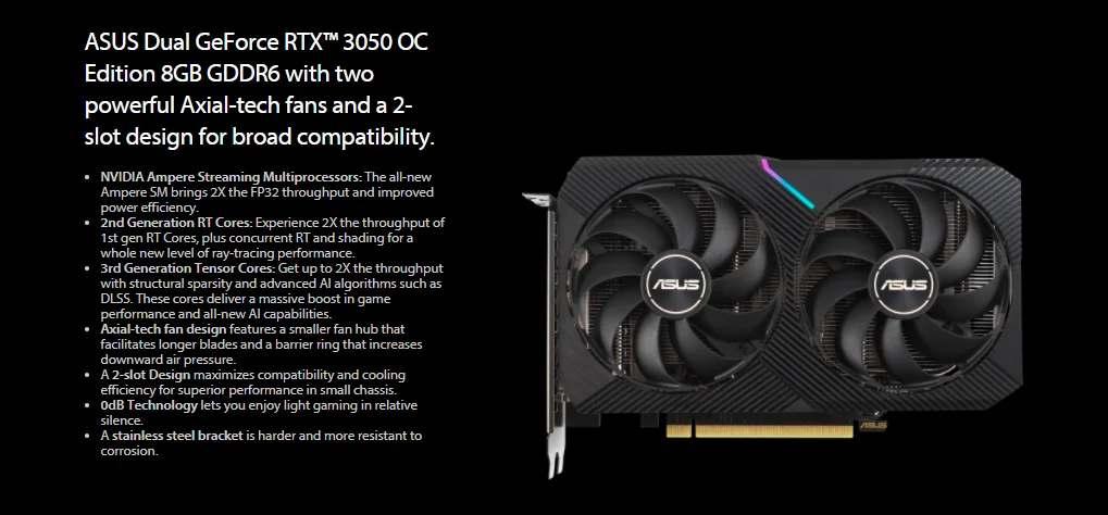 ASUS DUAL RTX3050 O8G  RTX 3050 Support AMD Intel Desktop CPU LHR NEW gpu computer
