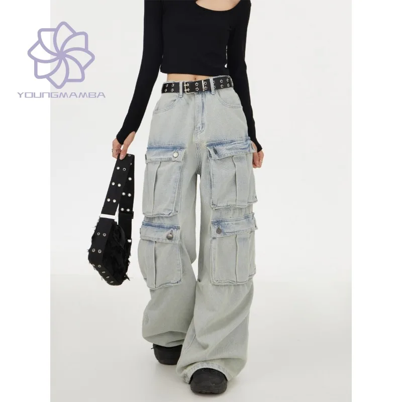 

Женские винтажные джинсы в американском стиле, прямые джинсы-карго с множеством карманов, широкие брюки с высокой талией