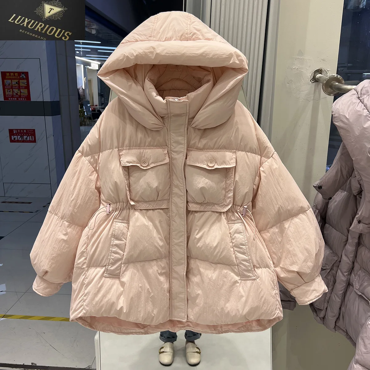 

2023 new hooded women's mid-length down jacket loose waist slimming white duck coat tide