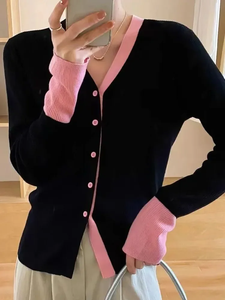 

Осенний вязаный кардиган для девочек, свитер в стиле пэчворк с длинным рукавом, рубашки, женские трикотажные топы контрастных цветов, белый кардиган, вязаный кардиган