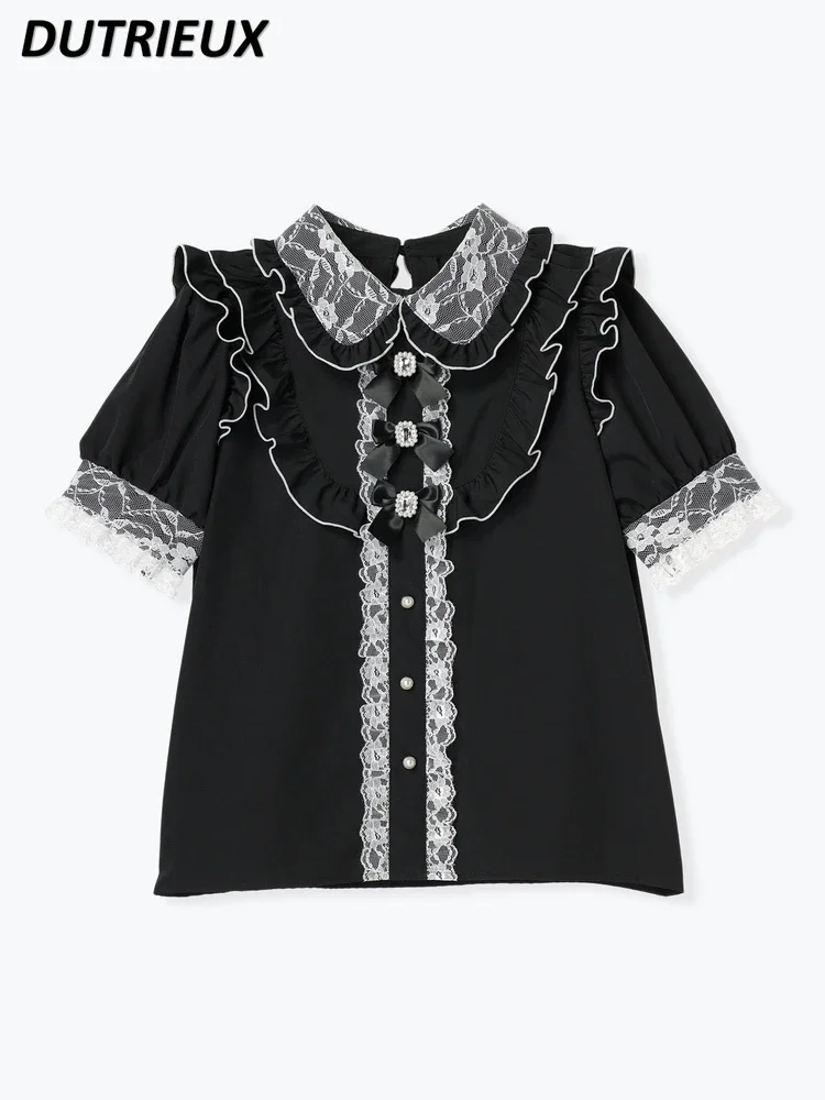 Japanese-Style Mine Mass-Produced Blouse Girls Summer New Short-Sleeved Shirt Top Women's Sweet Lace Ruffled Bow Shirts Camisas