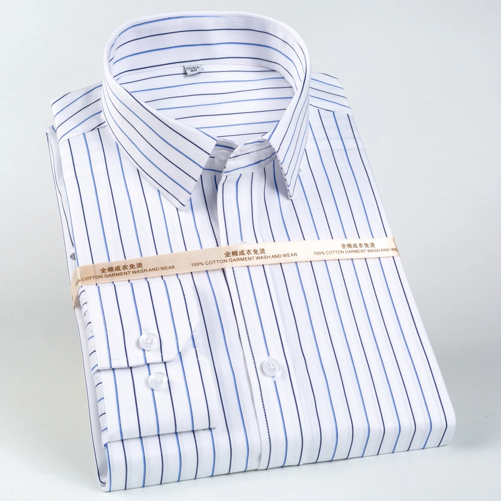 Men's Classic Long Sleeve Non-Iron Striped Dress Shirts Removable Collar Stays Formal Business Regular Fit Pure Cotton Shirt dress shirts 821057