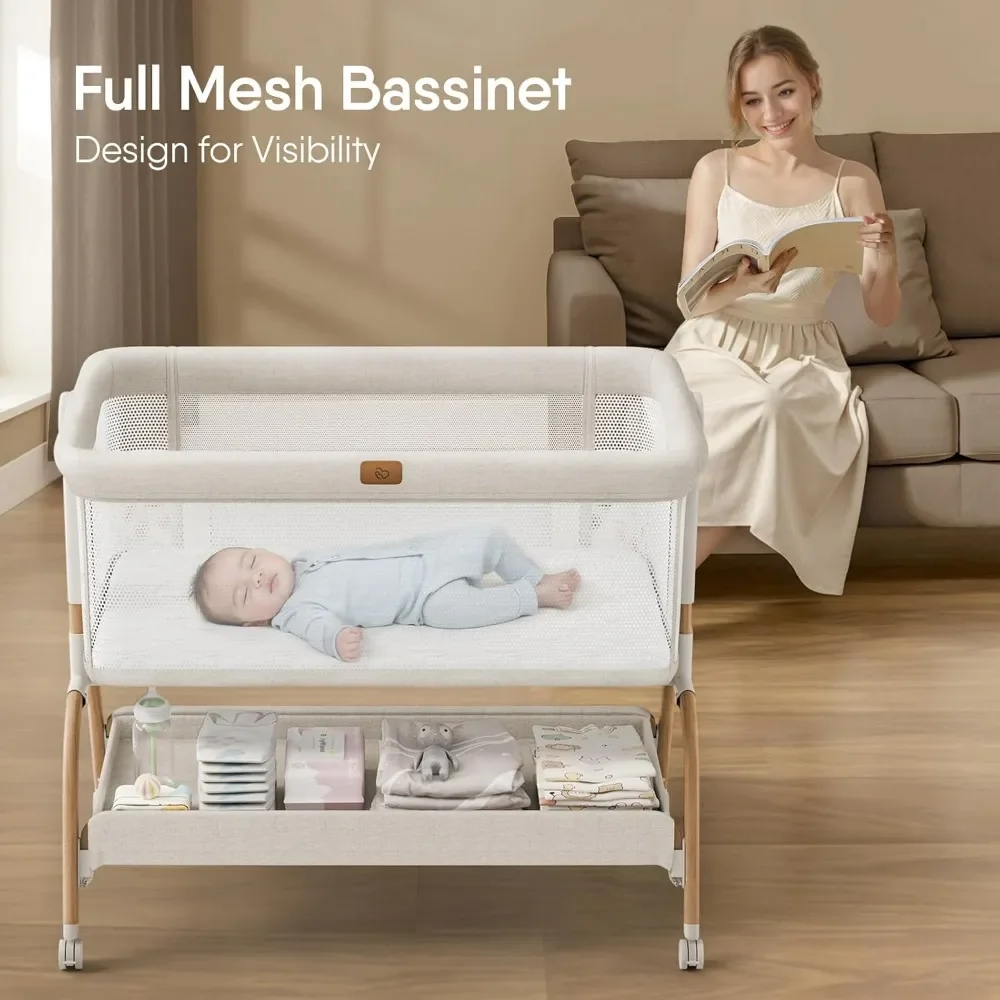 NEW-Baby Bassinet Bedside Crib, 3-in-1 Baby Bassinet Bedside Sleeper with Mattress and Soft, Breathable Sheet, Full-Mesh Sides,