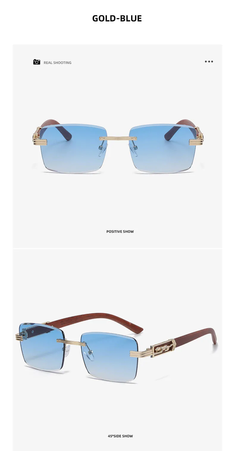 Holzmaserung Beine Gepard dekorative Sonnenbrille bunte Retro rahmenlose quadratische Leopardenkopf Metall Sonnenbrille – Detail 9