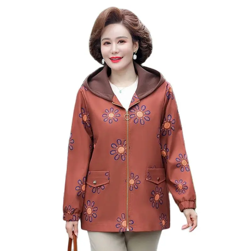 Long Trench Coat in Spring And Autumn 2023 New Printed Middle-Aged Women's Fashion Hooded Coat Casual Coat In Spring And Autumn