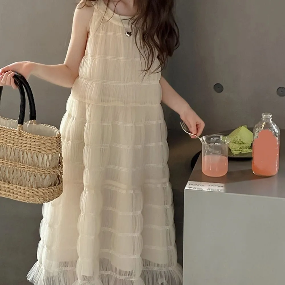Elegant Loose Girls Princess Dress Children Beach Vacation Summer Mesh Dress Sweet Party Teens Long Dress Summer