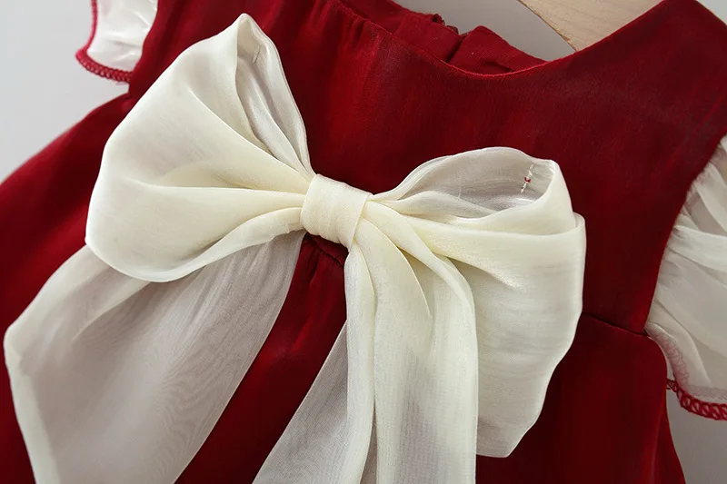 Girls dress New Year's Girl's Summer Dress Solid Red Flying Sleeves Bow Twilight Cloud Princess Suitable for 0-3 Year Old Babies