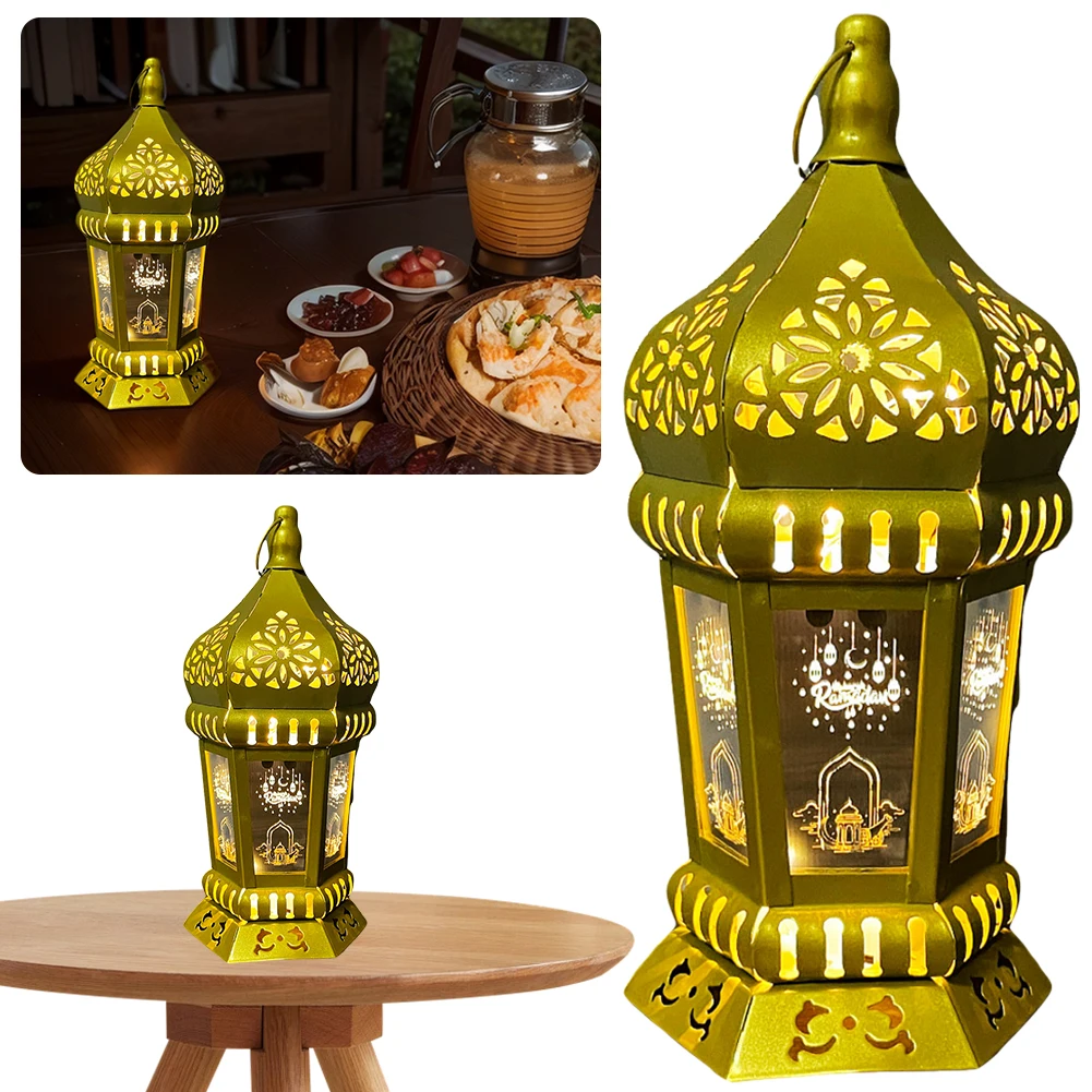 Iron Eid Mubarak Night Light Moroccan Lantern Ramadan Wind Light for Home Eid Mubarak Islamic Muslim Decoration