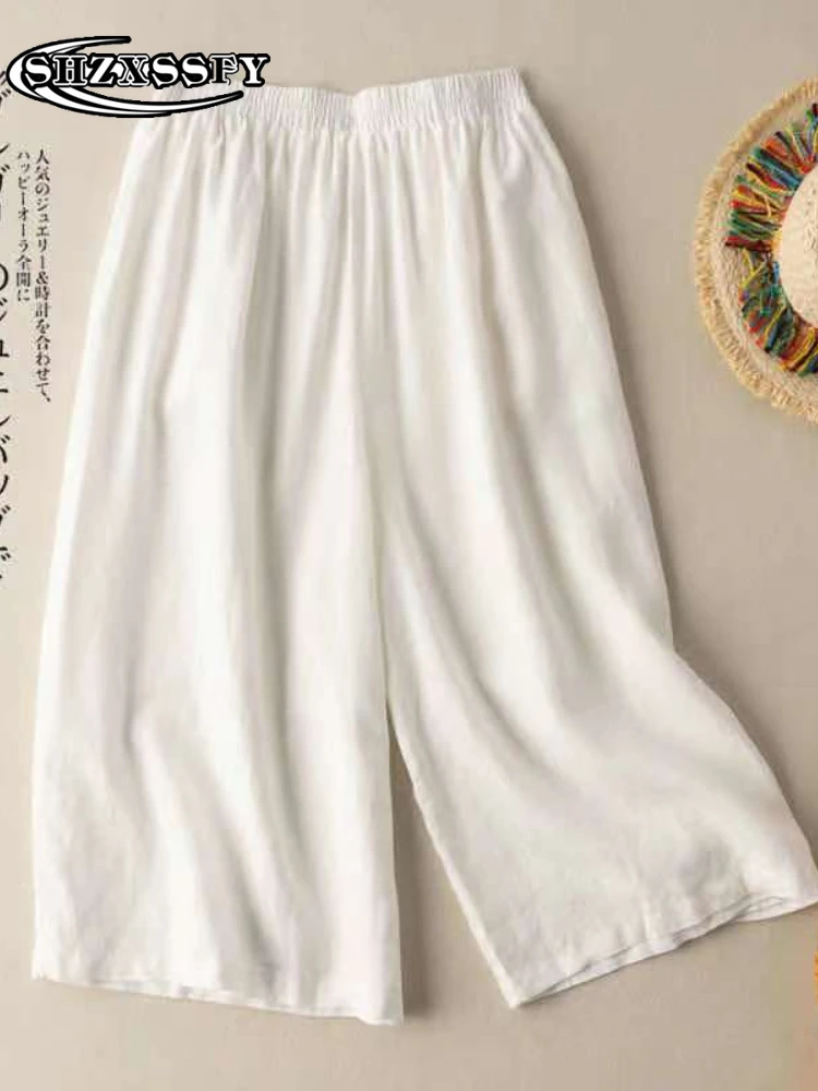 

Women's Summer Pants Cotton Casual Wide Leg Pants Women Loose Solid Oversize Pants White Fashion Women's Calf-Length Pants