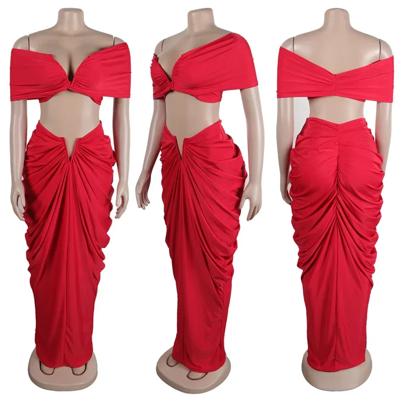 thumbnail image 1 of Conjuntos de vestido largo fruncido de noche de fiesta sexy para mujer, conjunto de dos piezas, conjuntos para club rave, top corto con cuello oblicuo y falda larga, conjuntos a juego, 1 of 5