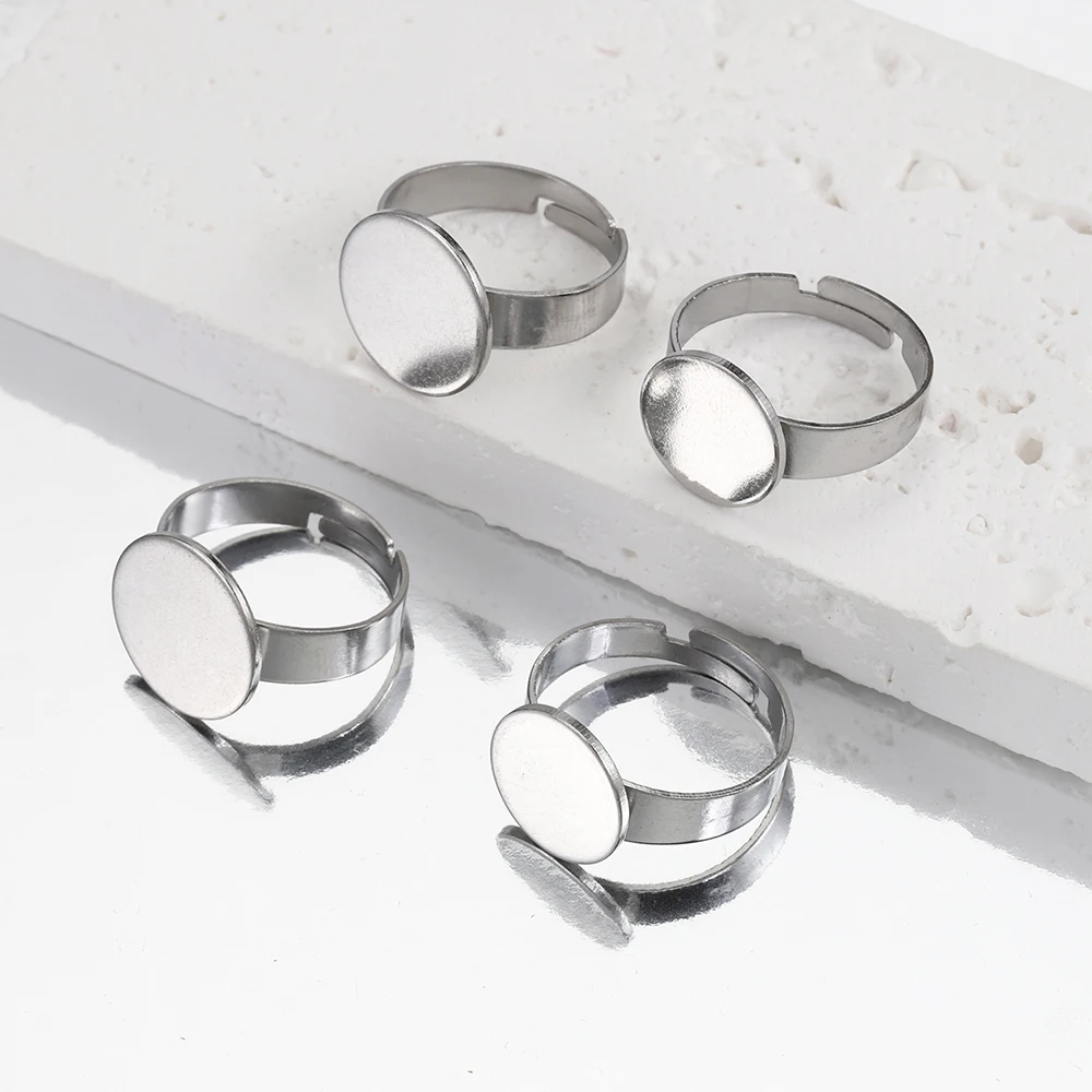 Set of 10 Stainless Steel Adjustable Ring Settings with Round Bezel Blanks