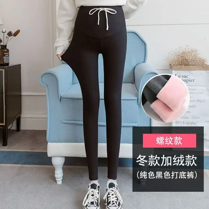 Thread Pregnant Women Leggings Winter Plus Velvet Pants Spring Autumn Maternity Trousers For Pregnancy Clothing Solid Color 5