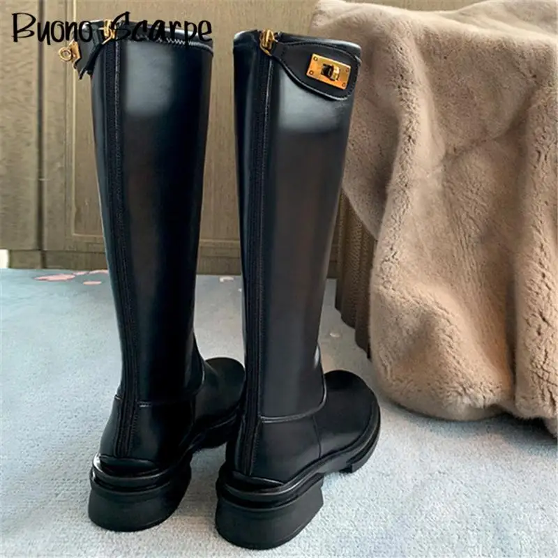 

Genuine Leather Square Button Retro Long Boots Chunky Heel Increasing Platform Knee High Knight Boots Women Fashion Modern Botas