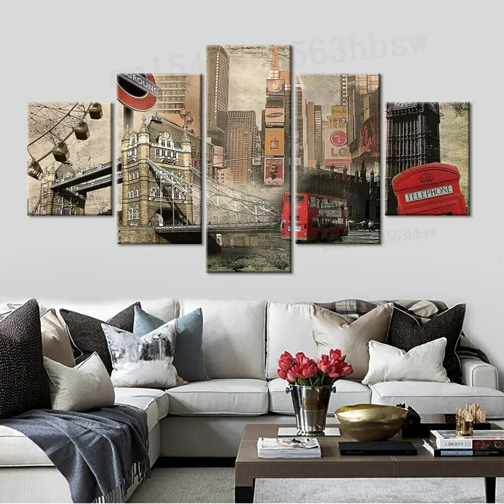 

5 Panel London Bridge Red Bus Modern Picture Wall Art HD Print Decor Pictures Canvas Home Decor No Framed Poster Room Decor