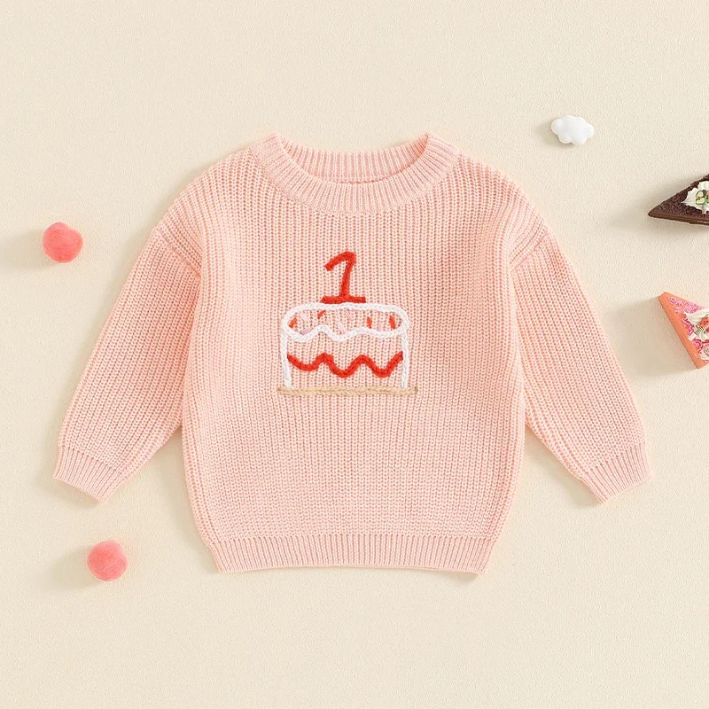 Infant Baby Girl Boys 1st Birthday Outfit Sweater Cake Embroidery Knit Pullover Sweatshirt Fall Winter Clothes