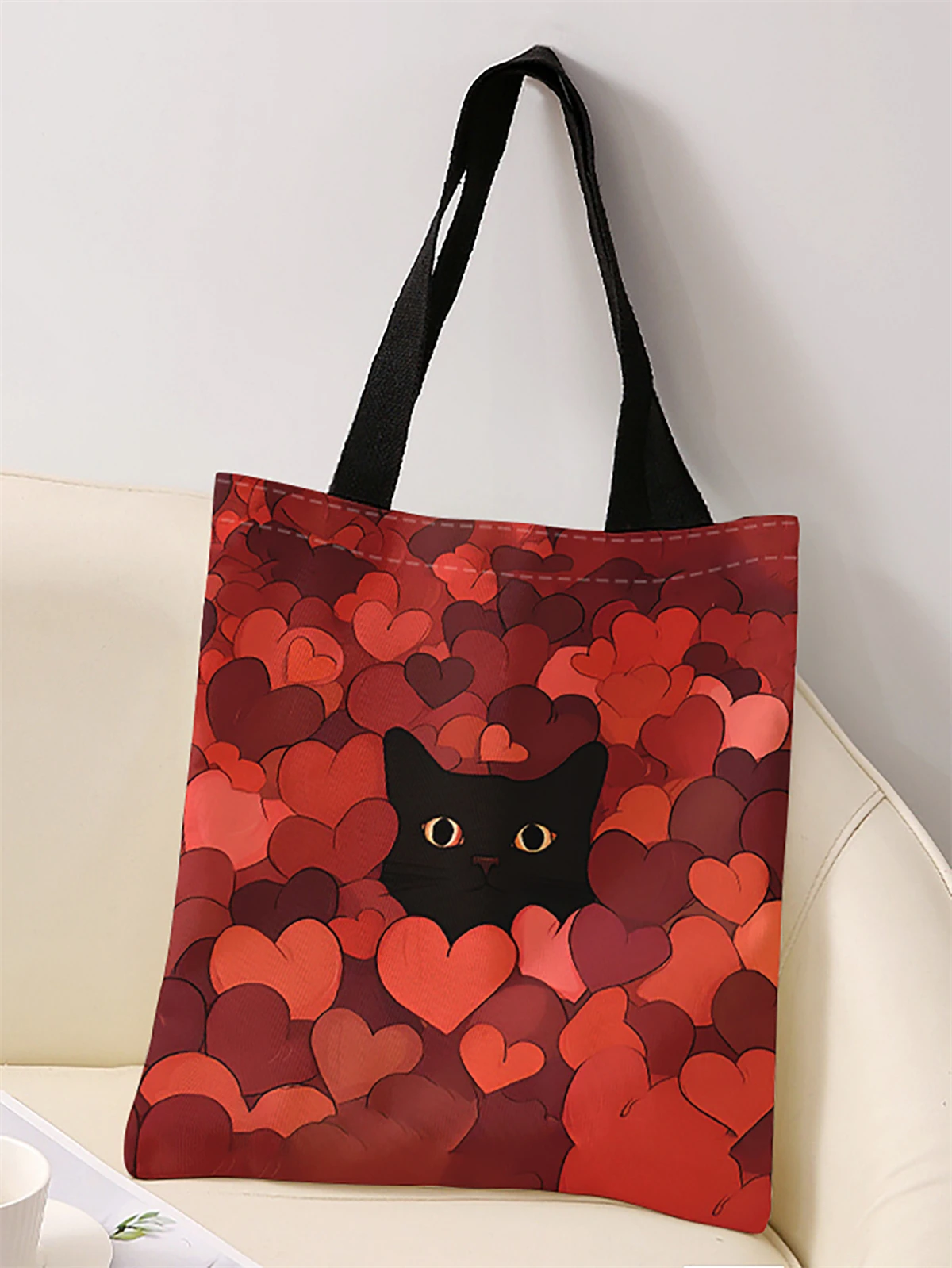 Cat and heart pattern printed casual handbag, reusable fashionable backpack, multifunctional handbag, canvas shopping bag