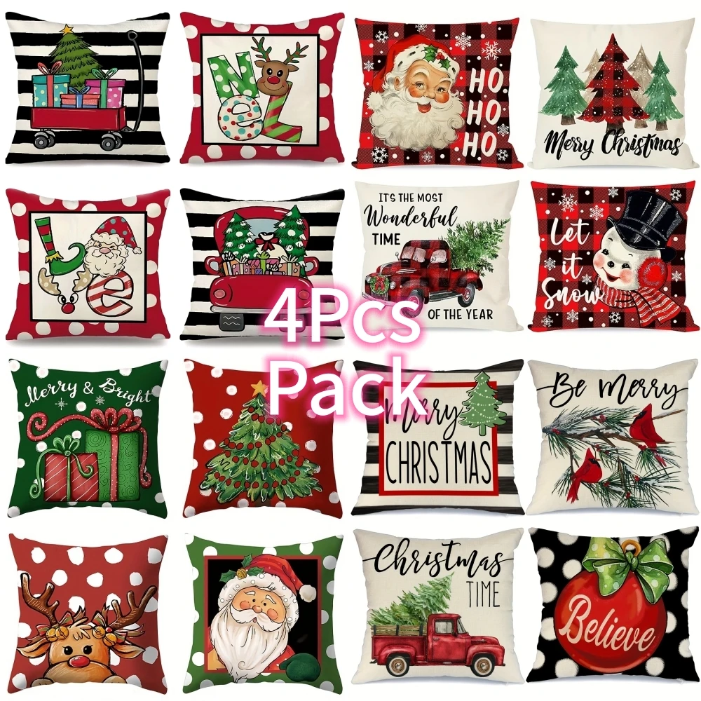 4pcs Christmas Throw Pillow Covers - Zip Closure, Machine Washable, Assorted Colors - Perfect for Living Room & Bedroom Decor