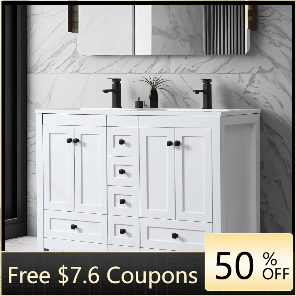 48" Bathroom Vanities Cabinet with Sink Combo Set, Undermount Double Resin w/Thickened Wood, Matte Black Faucet, Painted Surface