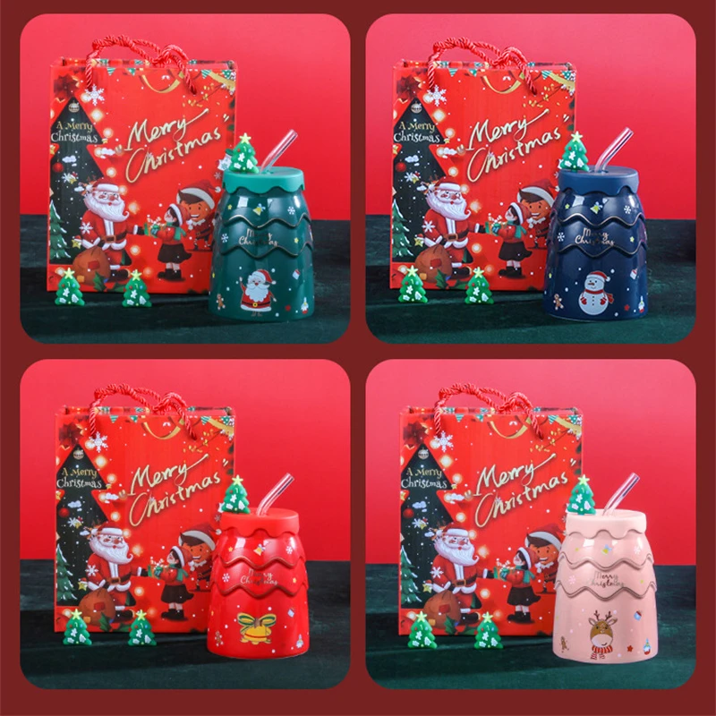 Ceramic Christmas Mug with Lid and Straw for Hot Beverages