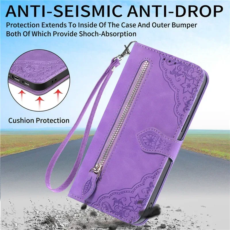 Leather Magnetic Zip Wallet Card Cover Phone Case