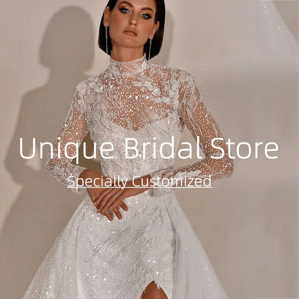 Exquisite Wedding Dresses A-line Pretty Applique Elegant Full Sleeves High-neck Split Skirt Design Self-cultivation Bridal Gown