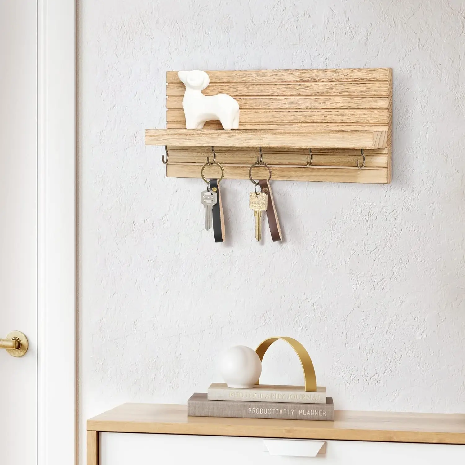 Decorative Key Holder for Wall with Shelf Entryway Wooden Floating Shelf with Hooks Home Decor Key Rack Mail Organizer for Wall 5