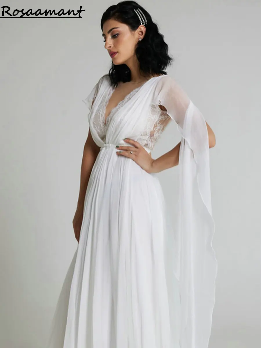 

Шифоновые плиссированные кружевные свадебные платья-трапеции с V-образным вырезом и аппликацией, свадебные платья без рукавов с открытой спиной и лентами, женское платье