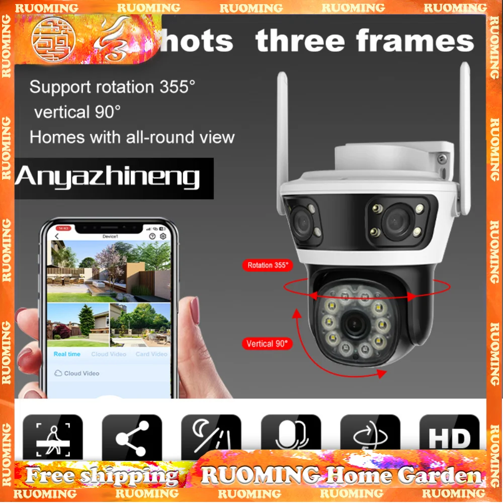 6K 12MP WiFi Camera Outdoor Triple Screen Triple Lens AI Auto Tracking 6MP Dual Lens IP Camera 360-degree HD Surveillance Camera