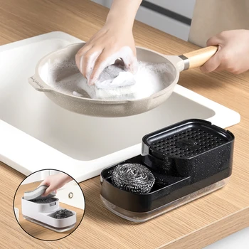 2In1 แบบพกพาจานเครื่องจ่ายสบู่เหลวปั๊มสบู่เหลวคอนเทนเนอร์ผงซักฟอกกดกล่องฟองน้ําห้องครัวห้องน้ําซักผ้าอุปกรณ์เสริม 1