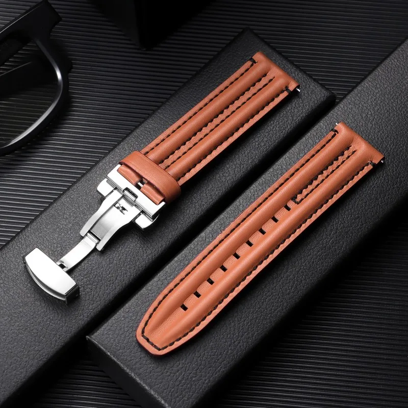 Vintage Leather Watch Band with Butterfly Clasp - Quick Release Oil Wax Cowhide Strap
