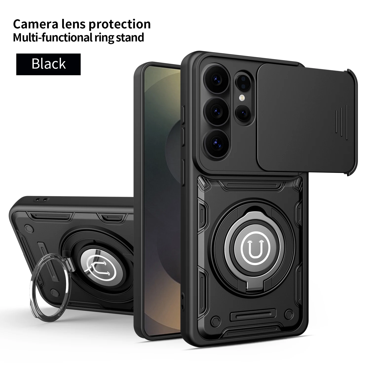 Magnetic 360° Ring Holder with Slide Camera Phone Case - Shockproof Stand Cover