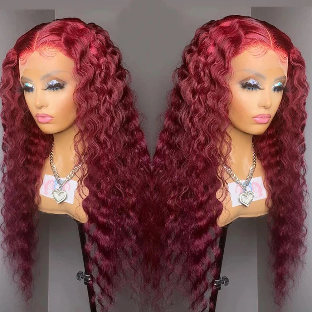 

PrePlucked Glueless Soft 180%Density Deep Wave Curly 26“Long Burgundy 99j Lace Front Wigs For Black Women Babyhair Daily Cosplay