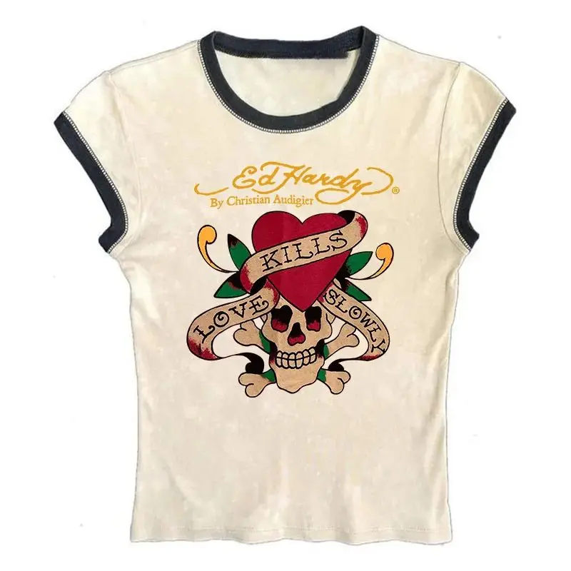 Goth Girls Y2K Fashion Crop Tops Punk Skull Print Gru Gothic Ladies T-shirts Streetwear Casual Female Clothing - 2