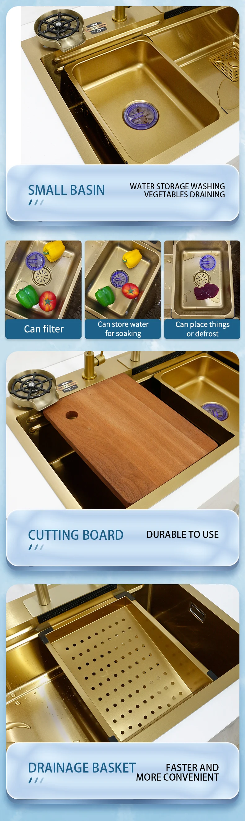 Description Picture 6 of itemGolden Nano Multifunctional Kitchen Sink 4 Mode Waterfall Faucet Large Single Bowl Soap Dispenser Pure Tap Cup Washer SUS304