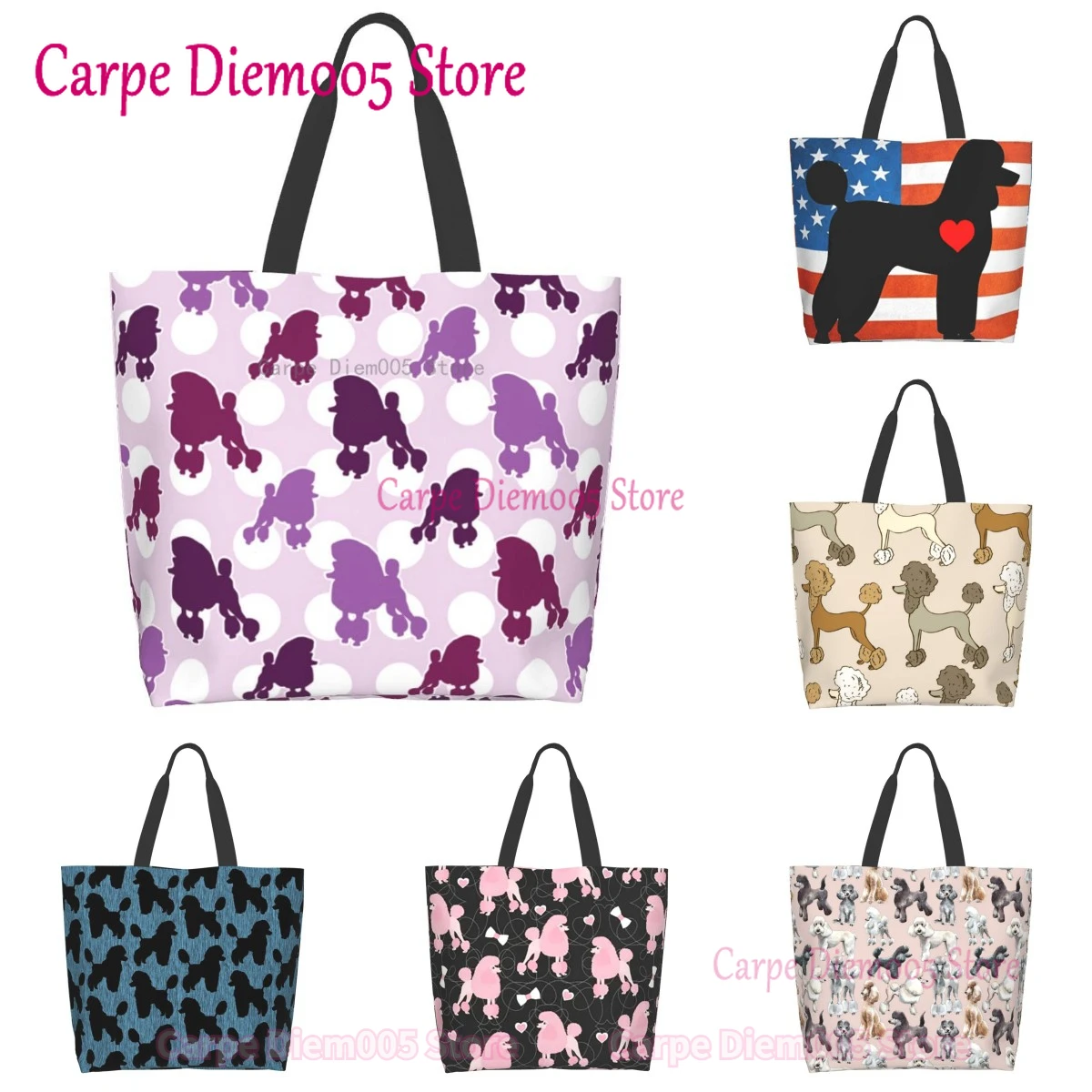 

Women Shoulder Bag Purple Poodle Polka Dot Large Capacity Shopping Grocery Tote Bag For Ladies