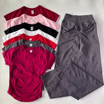 Set di 2 Pezzi con Leggings a Zampa d'Elefante per Donna, Top Corto a Maniche Corte e Pantaloni Yoga a Zampa d'Elefante, Completo Sportivo per Fitness