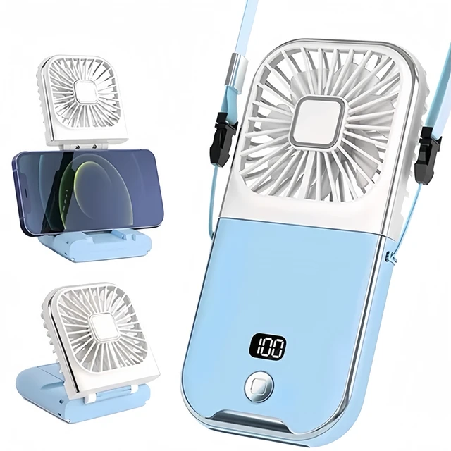 Ventilateur portable pliable 2025, 3000 mAh, recharge USB, affichage numérique, mini ventilateur de cou pour le sport et l'extérieur 1