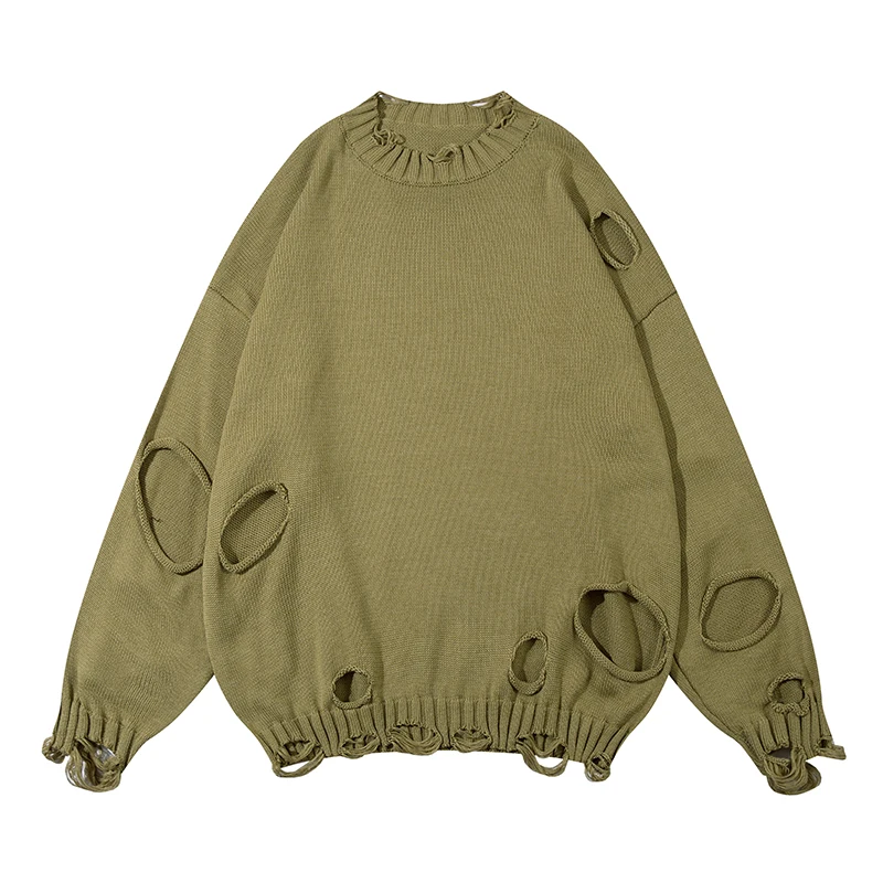 

Solid Color Ripped Hole Pullover Sweaters for Men and Women Y2k Crew Neck Ropa Hombre Baggy Woolen Clohtes Oversized Sueter