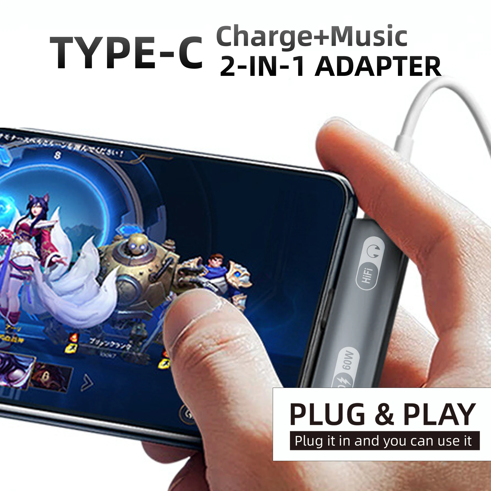 High-Power Dual Function Type C Splitter with Fast Charging and Audio Support