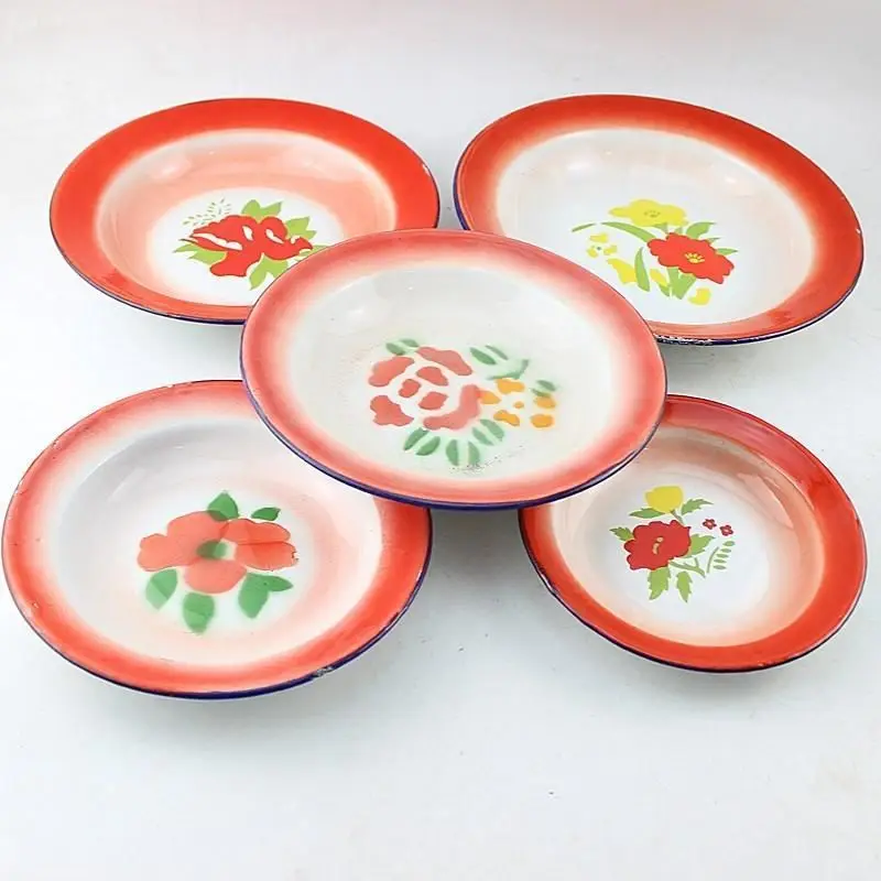 Household Food Dish Of Enamel flower type deep red flower plate cauliflower imitation retro nostalgia