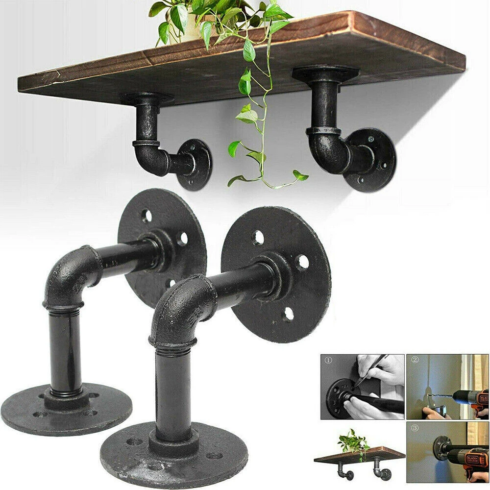 2pcs Vintage Black Iron Pipe Shelf Bracket Wall Mounted Storage Shelf