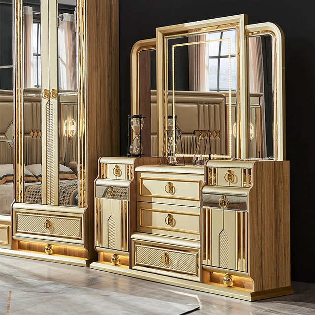 Wooden Modern Gold King Size Bed Double Master Room Villa Home Royal Full Queen Wood Luxury Bedroom Furniture Set 5