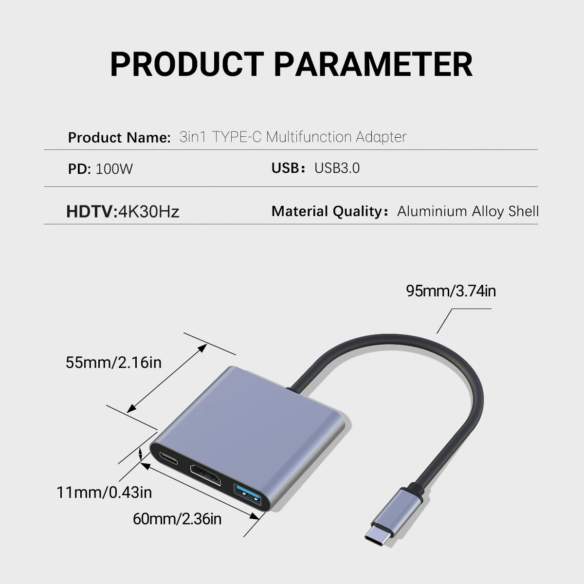 3 IN 1 HUB Type C to VGA 1080P Converter Compatible USB3.0 PD100W with MacBook Pro iPad Pro Chromebook Pixel Laptop