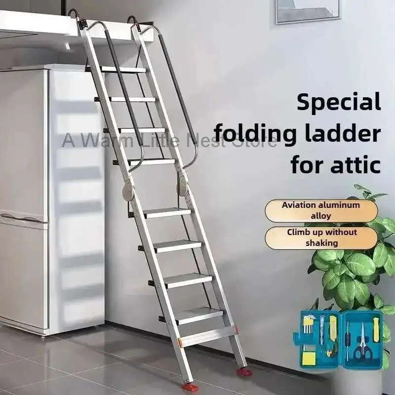 Aluminum Alloy Folding Attic Ladder Home Telescopic Thickened Herringbone Ladder Multi-functional with Handrail Staircase