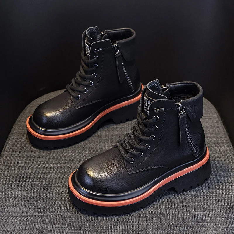 Womens Martin Boots Leather British Style Autumn and Winter Retro Thick Black Cowboy Boots Women Shoes